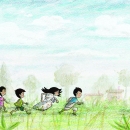 Artwork of children run across a grassy field with trees and a house faintly in the background.