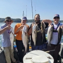 4 men holding striped bass on a boat