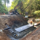 A construction site in the forest with a deep dirt pit with corrugated sheeting and workers wearing safety vests and hard hats. Heavy equipment and trees in the background.