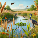 Graphic with a biodiverse wetland of plants and various bird species