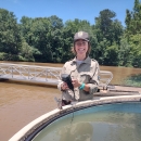 Courtney Johnson acclimating gulf striped bass before stocking them in Bartlett's Ferry. 