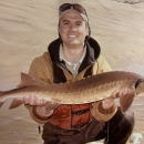 Picture of Steve holding a lake sturgeon on a sandbar below Gavin's