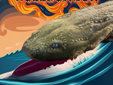 A photoshopped image of an eastern hellbender riding a cartoon surfboard on a wave with flames in the sky."hellbender" is written at the top in Horror B-movie poster font style.