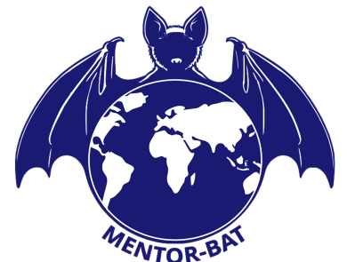 A blue and white logo depicting a bat with wings outstretched over an image of the globe. The words "MENTOR-Bat" appear at the bottom.