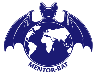 A blue and white logo depicting a bat with wings outstretched over an image of the globe. The words "MENTOR-Bat" appear at the bottom. 