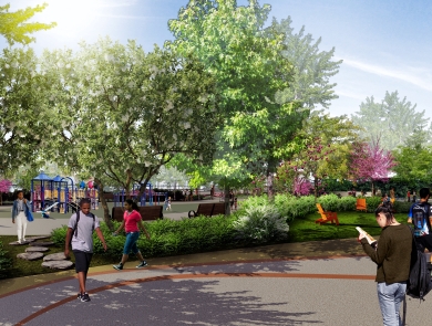 a design rendering showing students walking among trees and green spaces