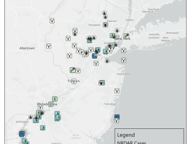 A map displaying the location of projects associated with Natural Resource Damage Assessment and Restoration cases in New Jersey.