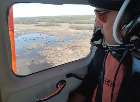 Man looking out a plane window. Jeff Drahota counting ducks in the Yorkton, SK area.
