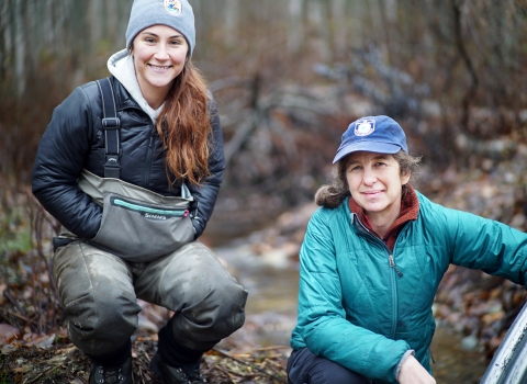 two women by a stream in the forest