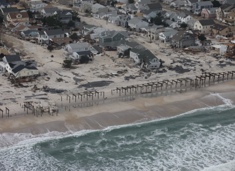 Aerial photo of damaged homes along New Jersey shore after Hurricane Sandy. 