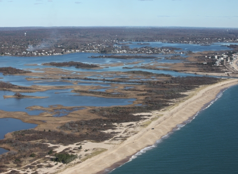 Aerial view of coastal barrier beach. 