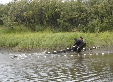 Two men fishing from a river bank.