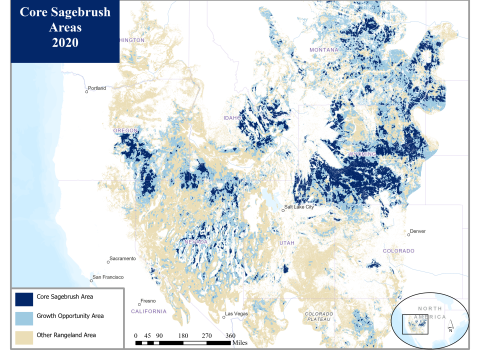 map of the western United States showing areas of sagebrush habitat, identified as "Core Sagebrush Areas," "Growth Opportunity Areas," and "Other Rangeland Areas"