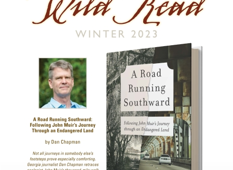 Poster for America’s Wild Read Winter 2023 with head and shoulders image of author and image of book cover for A Road Running Southward. Graphics: Richard DeVries/USFWS