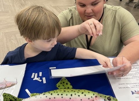 Child learning about parts of a fish 