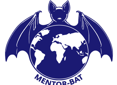 A blue and white logo depicting a bat with wings outstretched over an image of the globe. The words "MENTOR-Bat" appear at the bottom. 