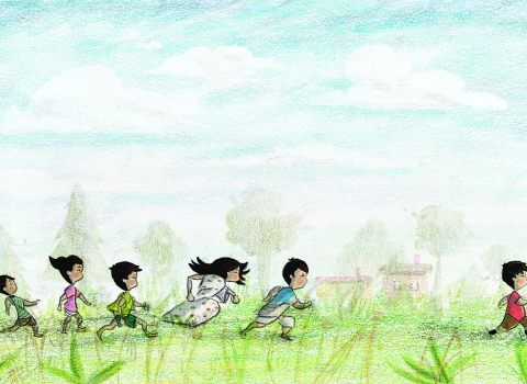 Artwork of children run across a grassy field with trees and a house faintly in the background.