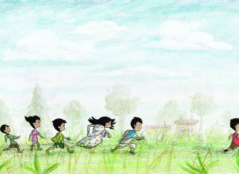 Artwork of children run across a grassy field with trees and a house faintly in the background.