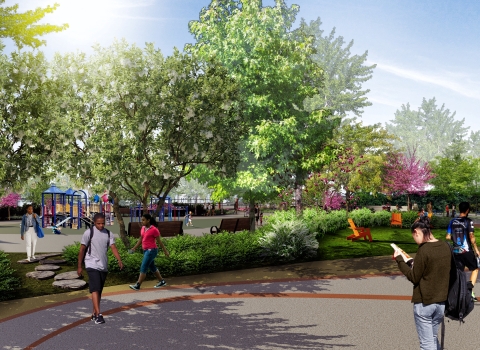 a design rendering showing students walking among trees and green spaces