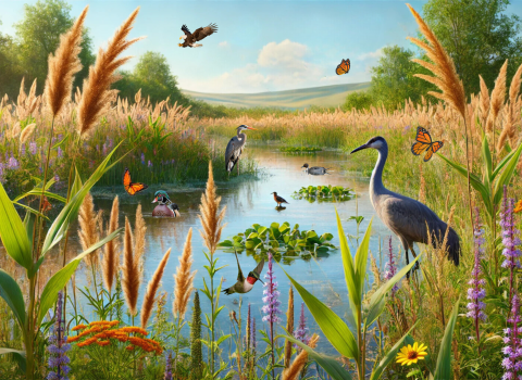 Graphic with a biodiverse wetland of plants and various bird species