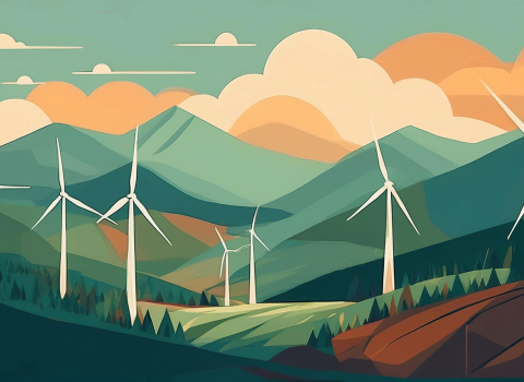 Flat design graphic of wind turbines in the Ozark Mountains